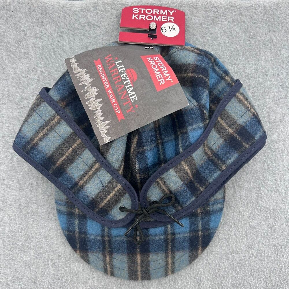 Stormy Kromer Original Wool Cap Ear Flap Blue & Black Plaid Sz. 6 7/8 Unisex